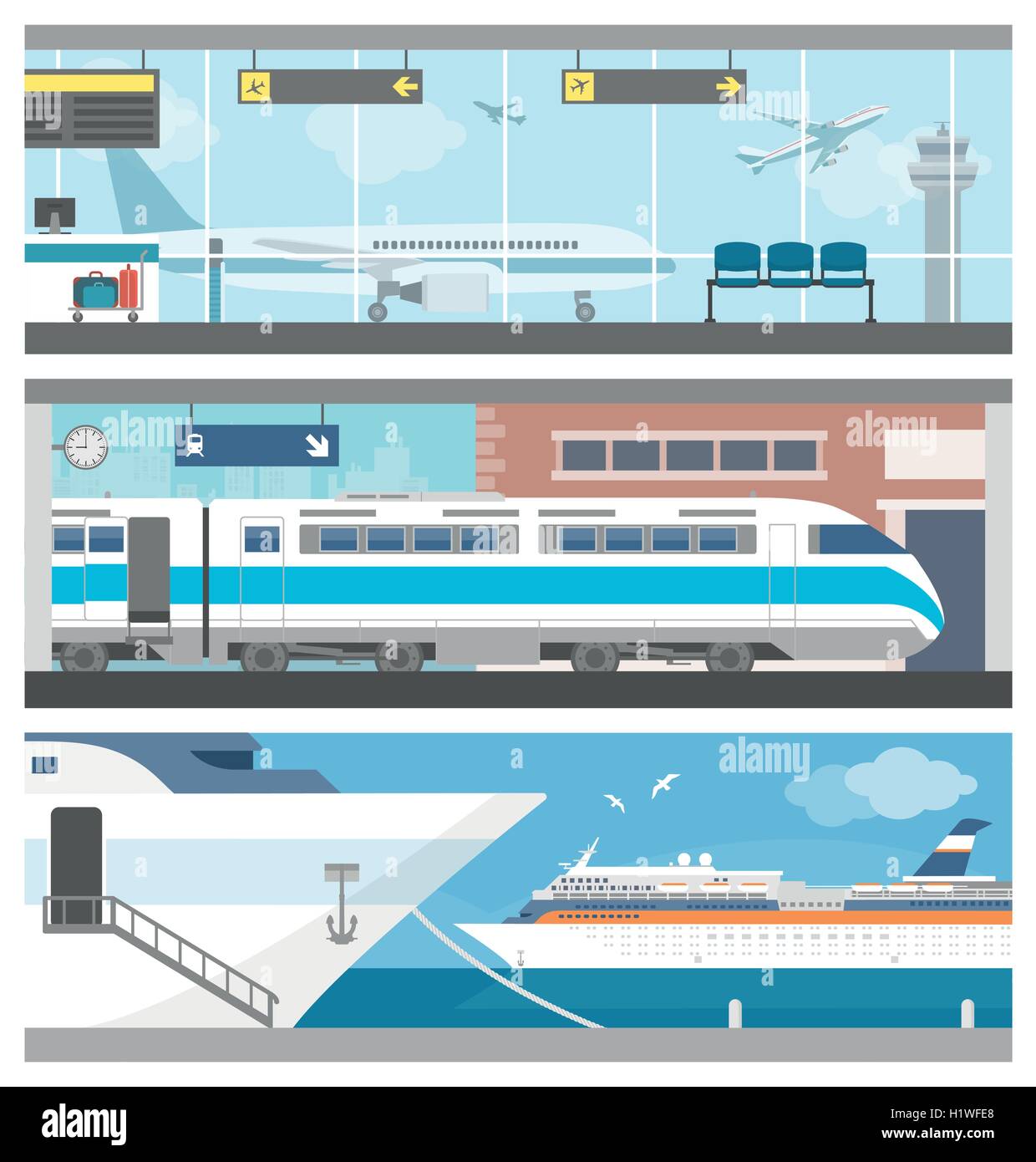 Viaggi e trasporti set banner: aeroporto con gli aeroplani, un treno alla stazione ferroviaria e di una nave di crociera in barca a vela Illustrazione Vettoriale