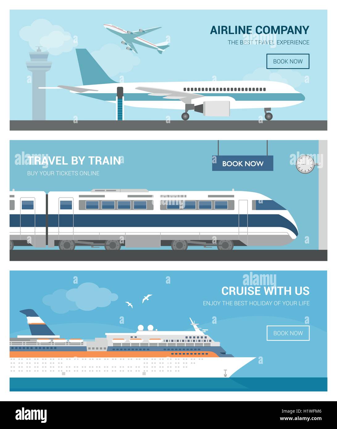 Viaggi e trasporti set banner: aeroporto con gli aeroplani, un treno alla stazione ferroviaria e di una nave di crociera in barca a vela Illustrazione Vettoriale