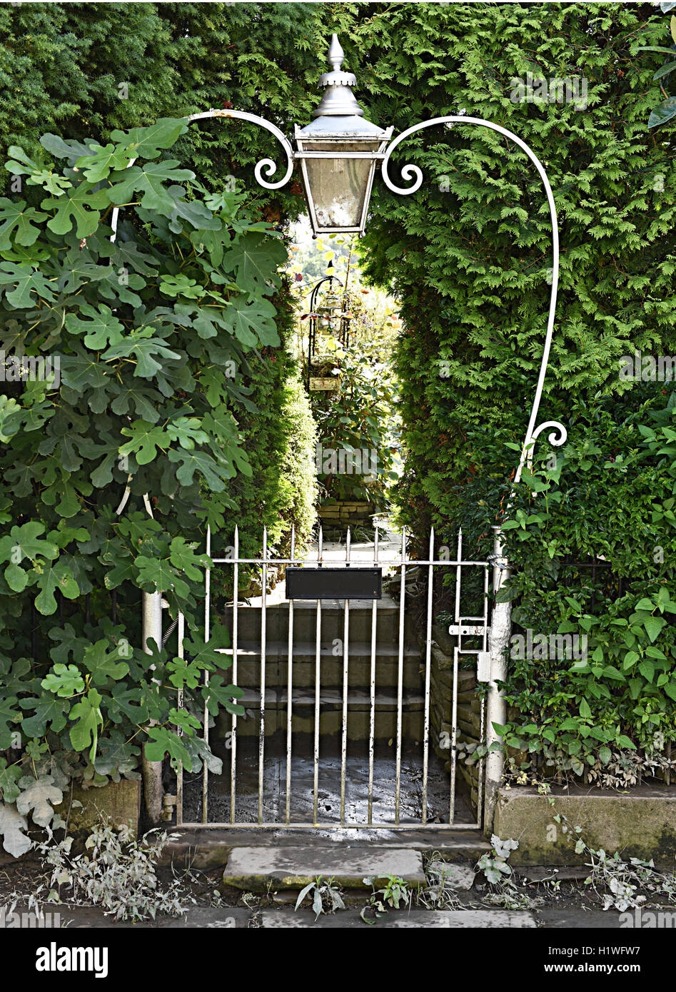 Giardino rustico con porta lampada antichi. Foto Stock