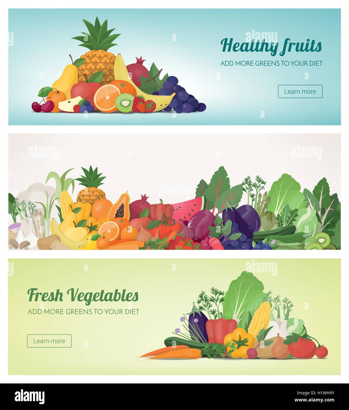 Frutta e verdura set di banner e rainbow composizione, cibo sano e concetto di nutrizione Illustrazione Vettoriale