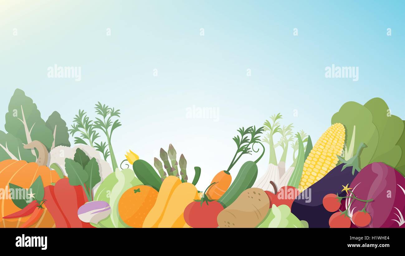 Stagionale fresca verdura su un cielo sereno sfondo, mangiare sano, agricoltura e cibo vegan concept Illustrazione Vettoriale