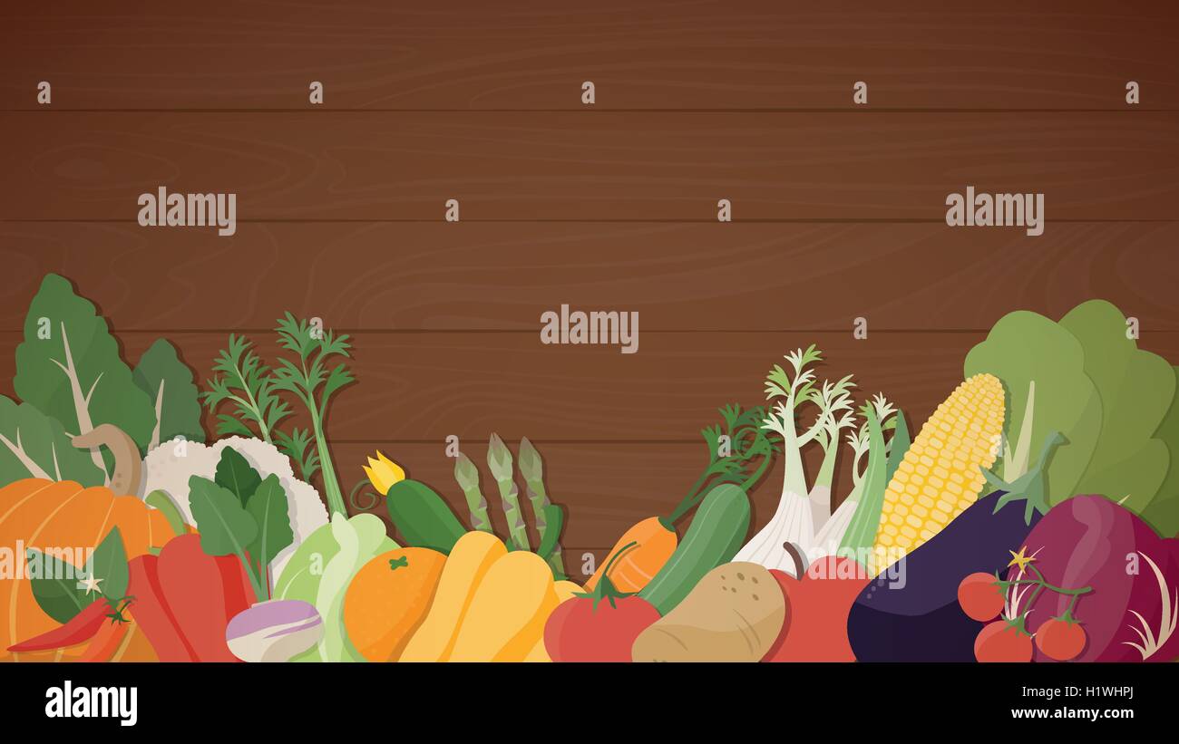 Stagionale di verdure fresche, mangiare sano su una tavola di legno, agricoltura e cibo vegan concept Illustrazione Vettoriale