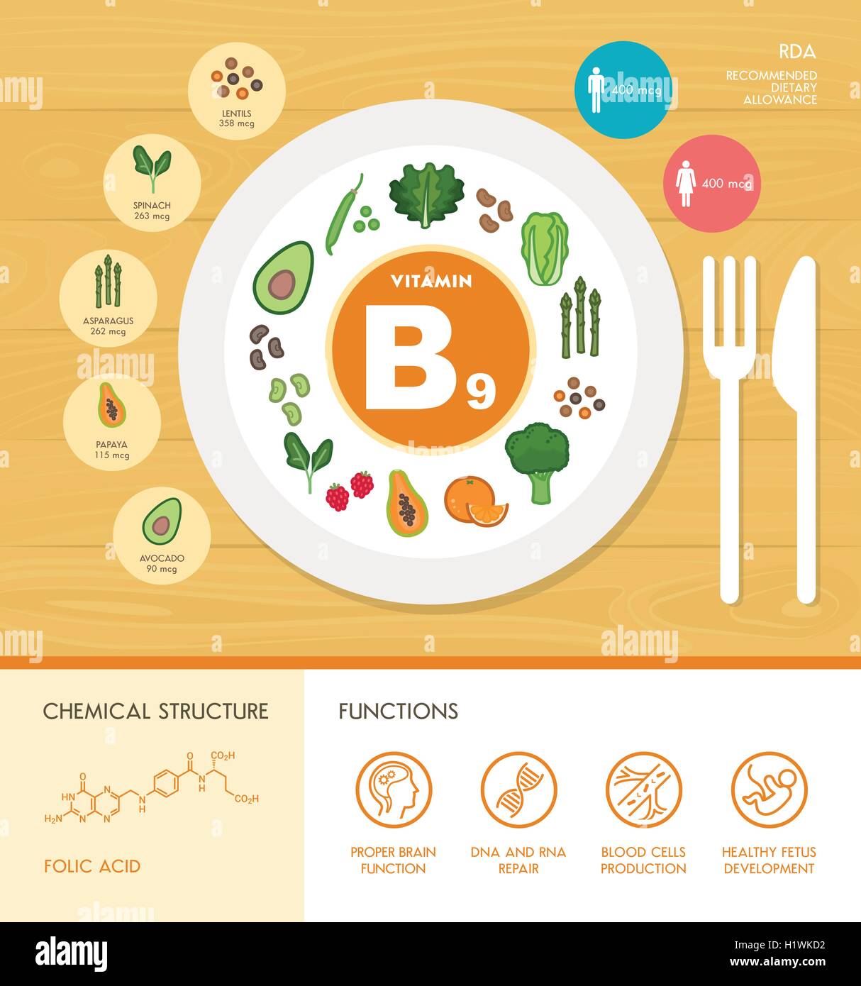 La vitamina B9 nutrizione ed infografico con sanitario e alimentare icone: dieta, il cibo sano e il concetto di benessere Illustrazione Vettoriale