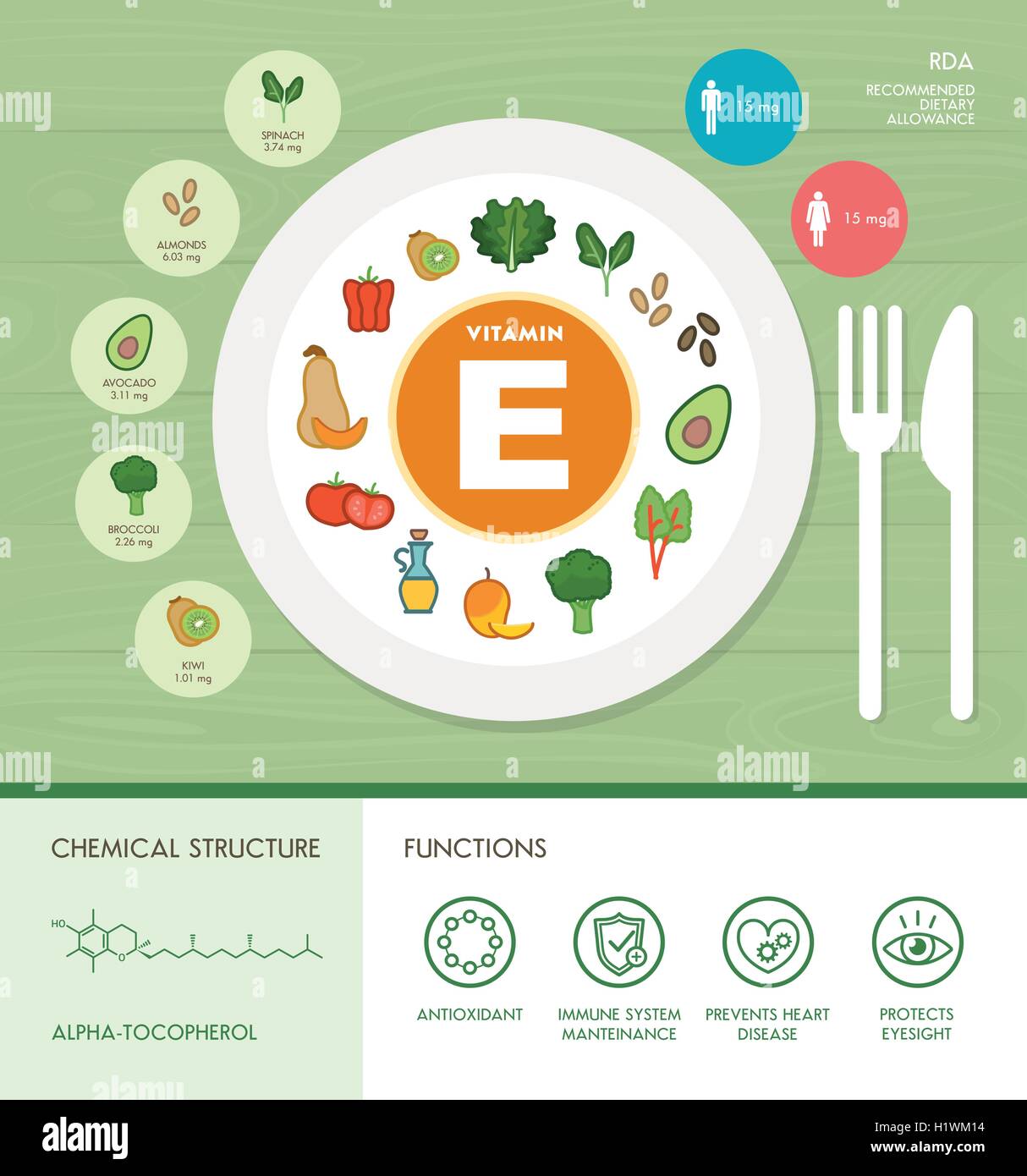 La vitamina E NUTRIZIONE Una infografica con medici e cibo icone: dieta, il cibo sano e il concetto di benessere Illustrazione Vettoriale