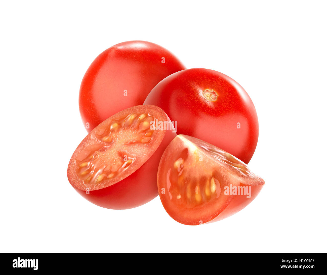 Pomodori ciliegia isolati su sfondo bianco intaglio Foto Stock