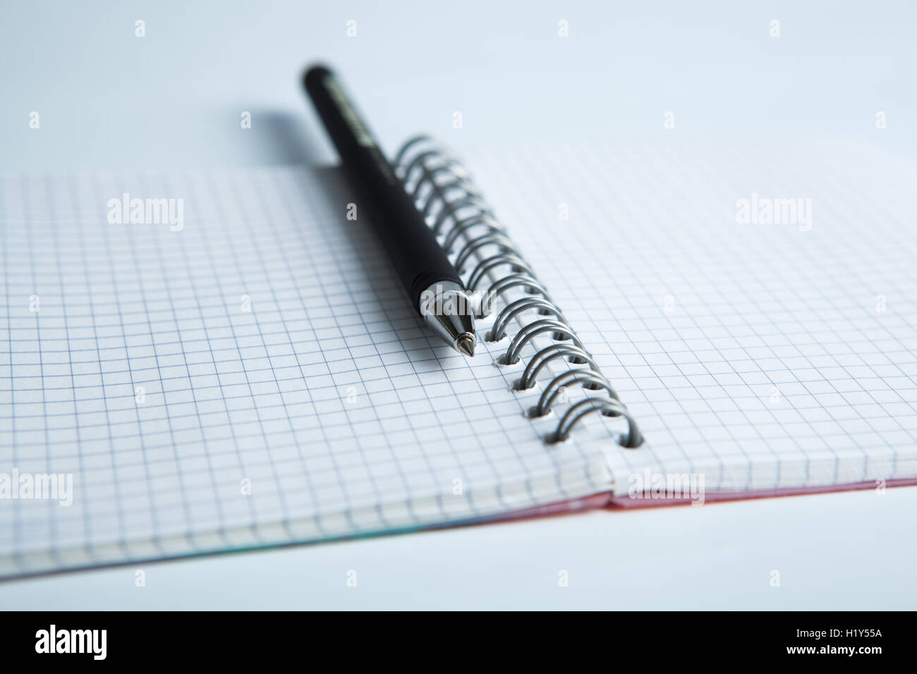 La penna sulla carta a scacchi notebook Foto Stock