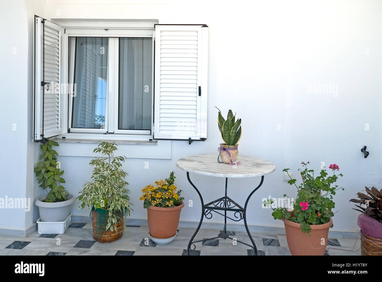 Fioriere sotto la finestra bianca sfumature Foto Stock