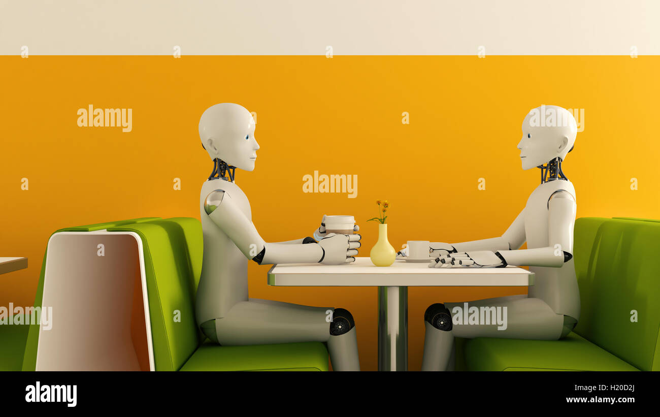 Robot in cafe, rendering 3D Foto Stock