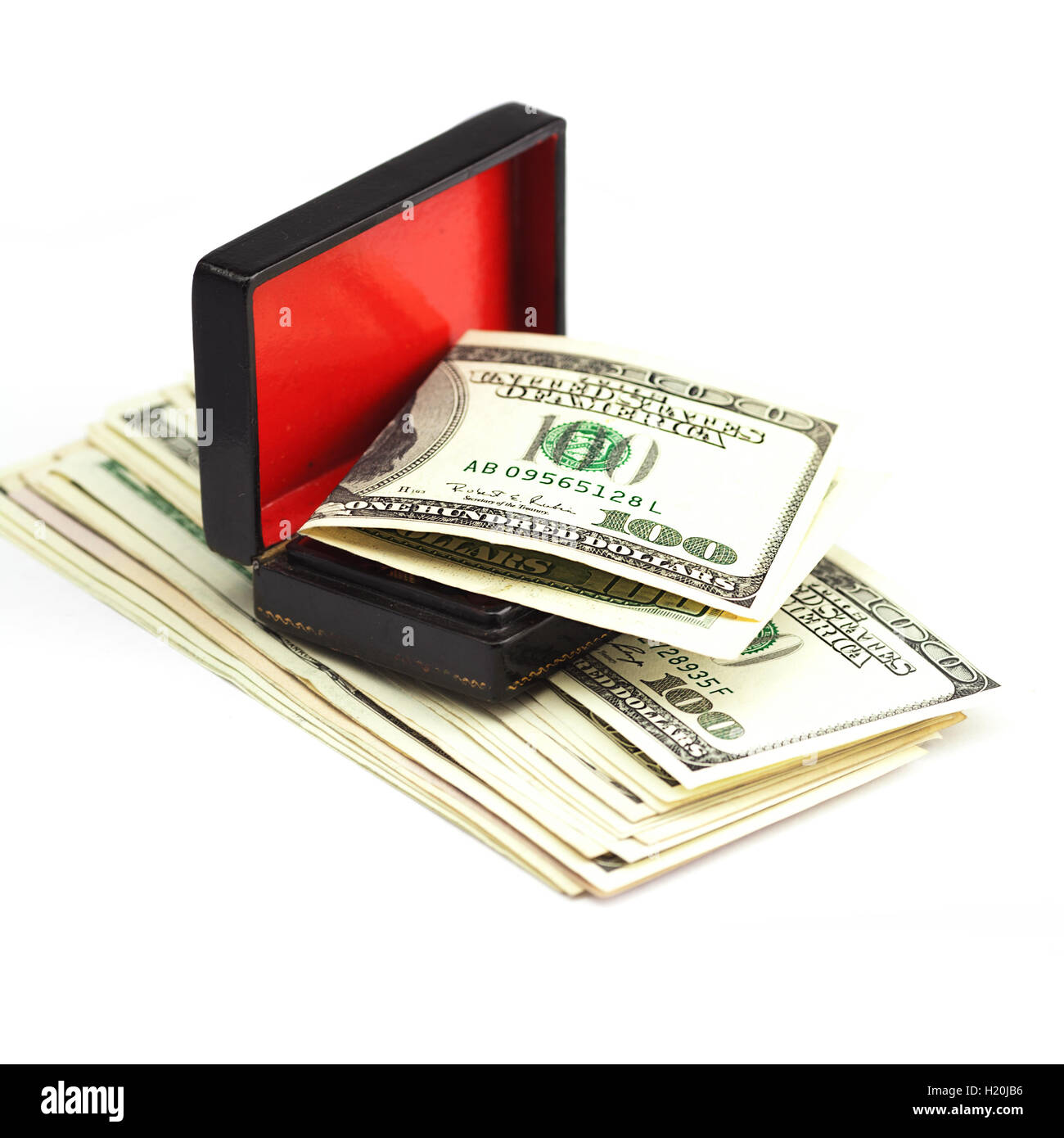 Di dollari nella scatola nera isolato su bianco Foto Stock