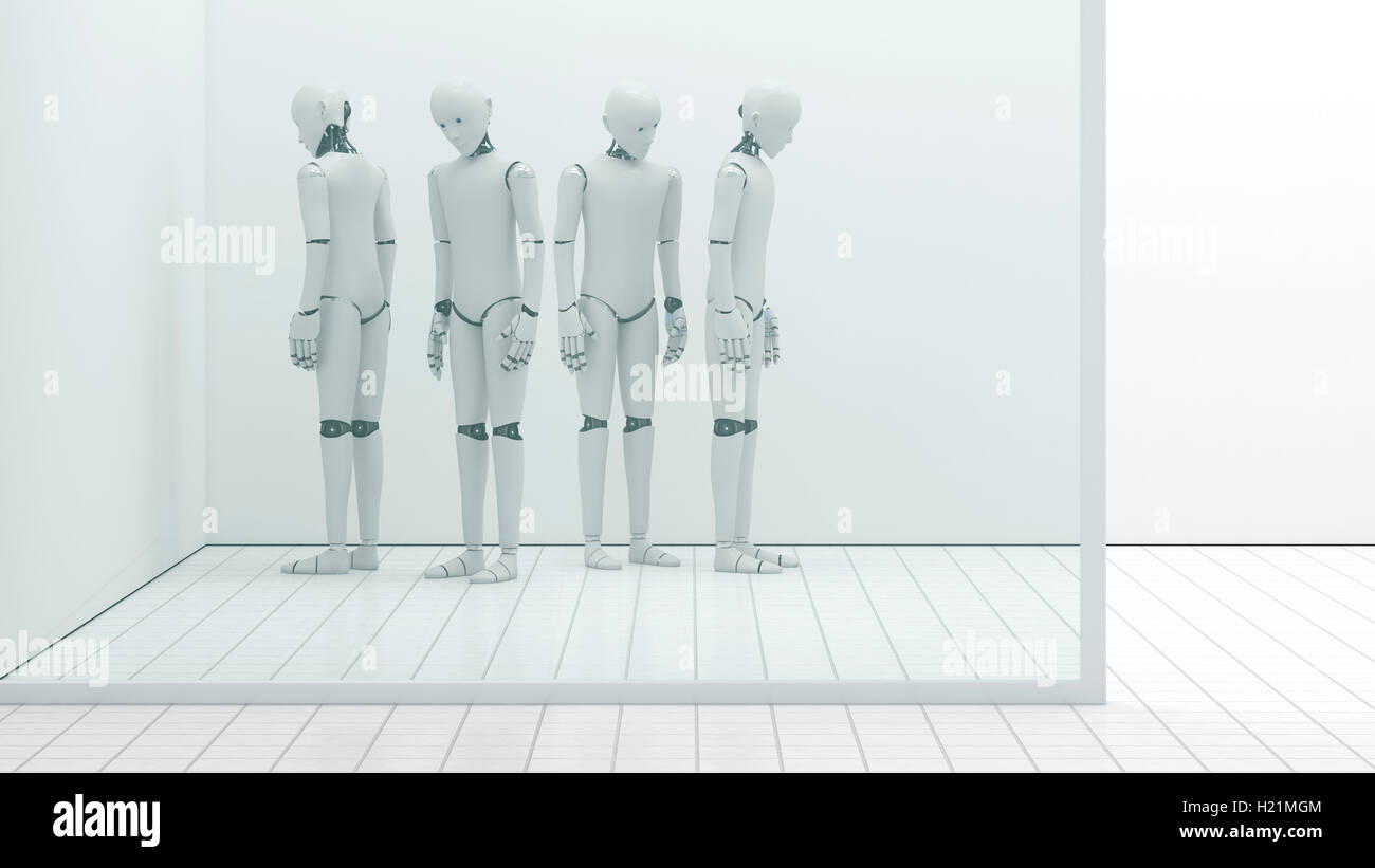 Robot fuori ordine, ripostiglio, rendering 3D Foto Stock