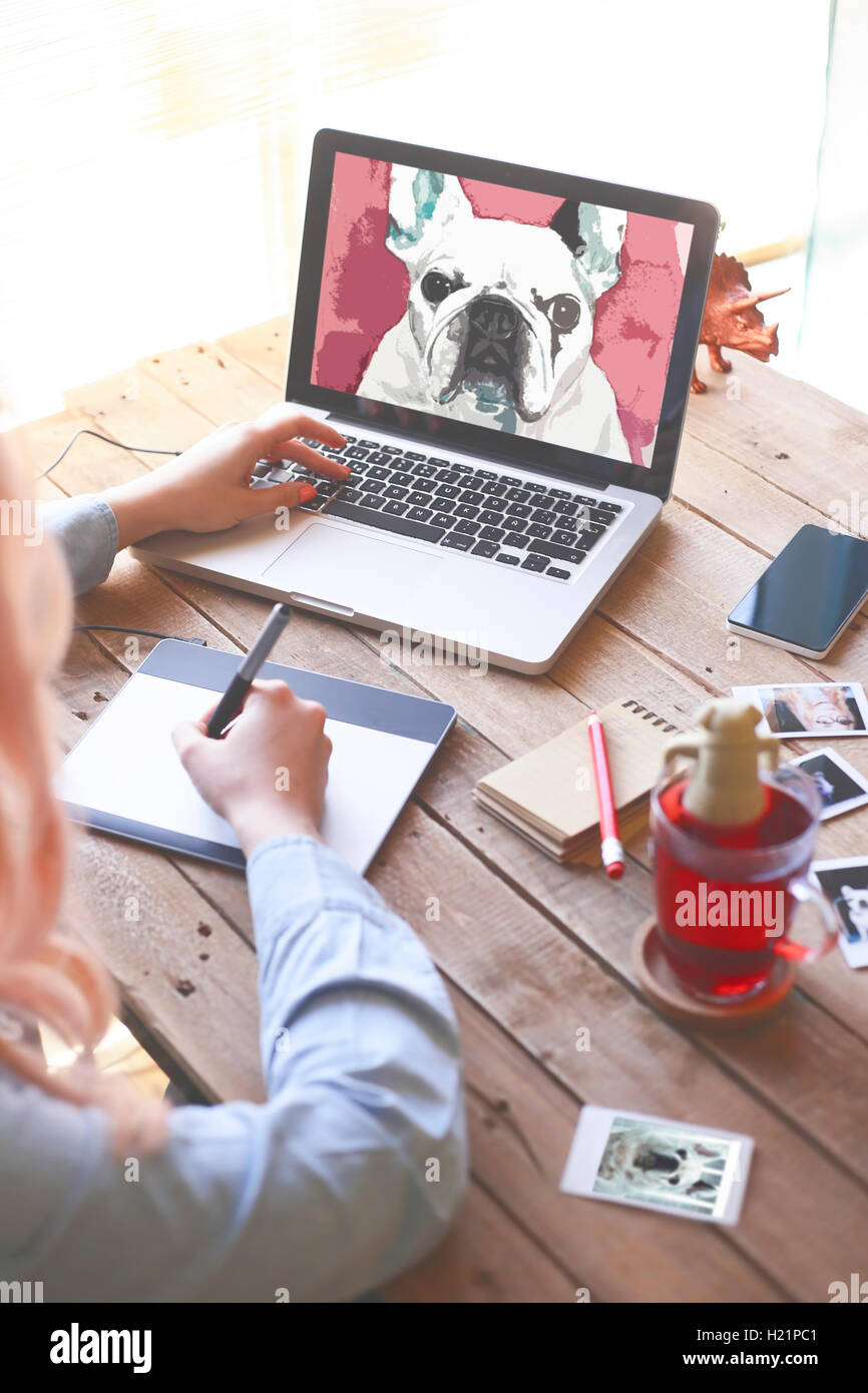 Illustrator il disegno di un bulldog francese con una tavoletta grafica Foto Stock