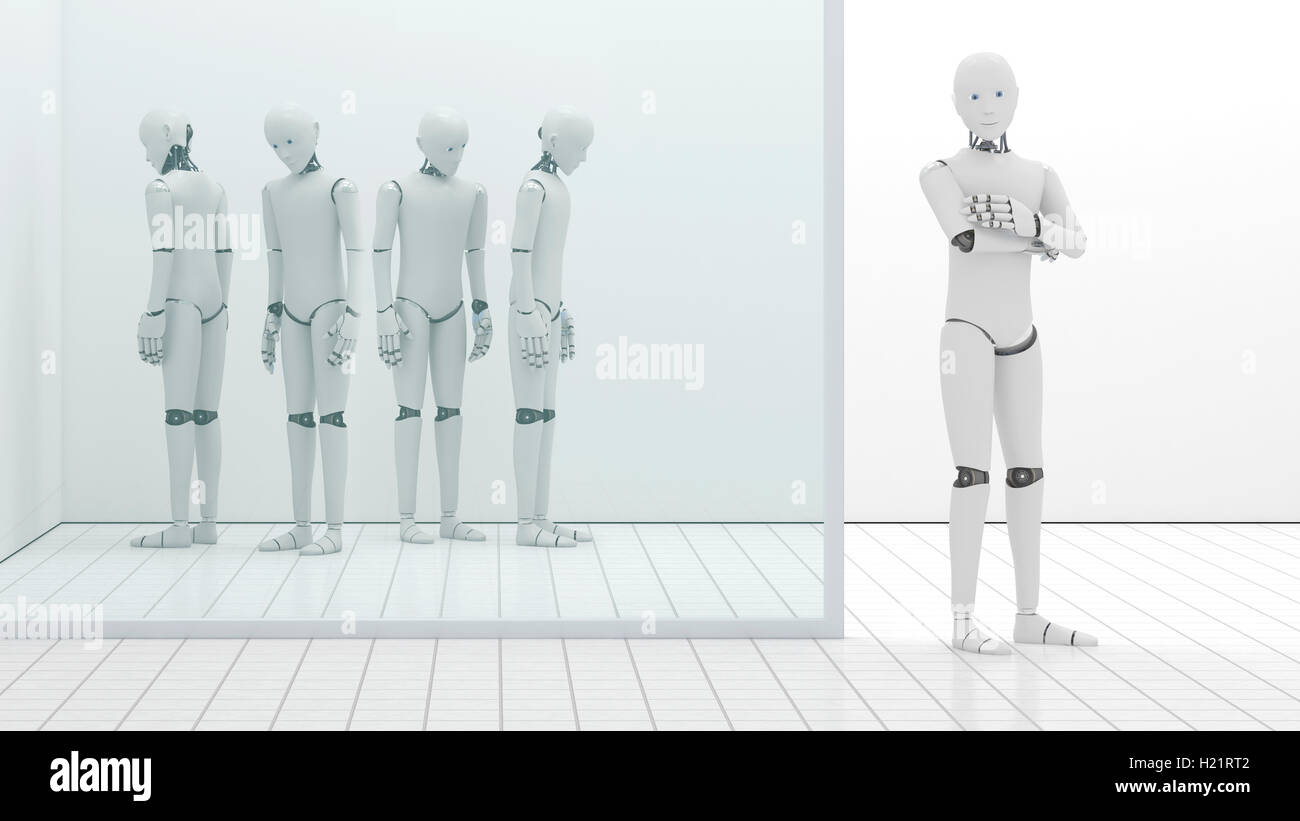 Robot fuori ordine, ripostiglio, uno in piedi all'ingresso, rendering 3D Foto Stock
