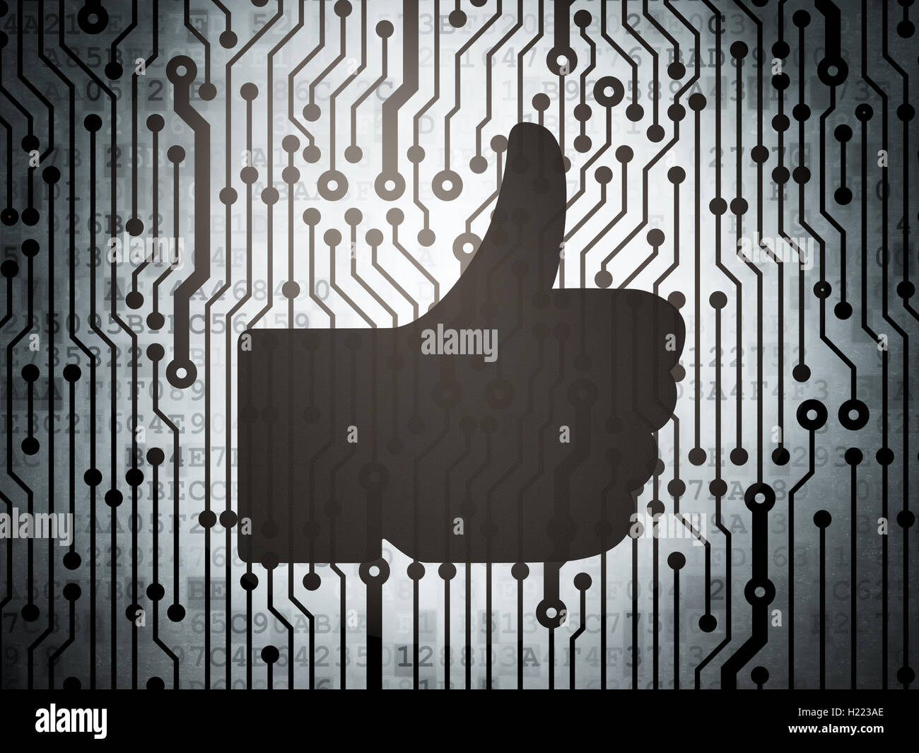 Social media concetto: scheda a circuito stampato con pollice in alto Foto Stock