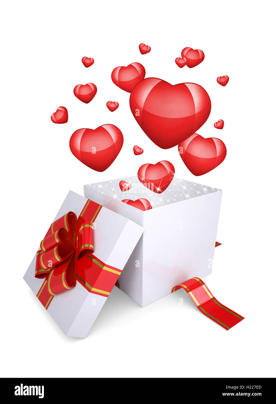 Cuori rossi volare fuori di una confezione regalo Foto Stock