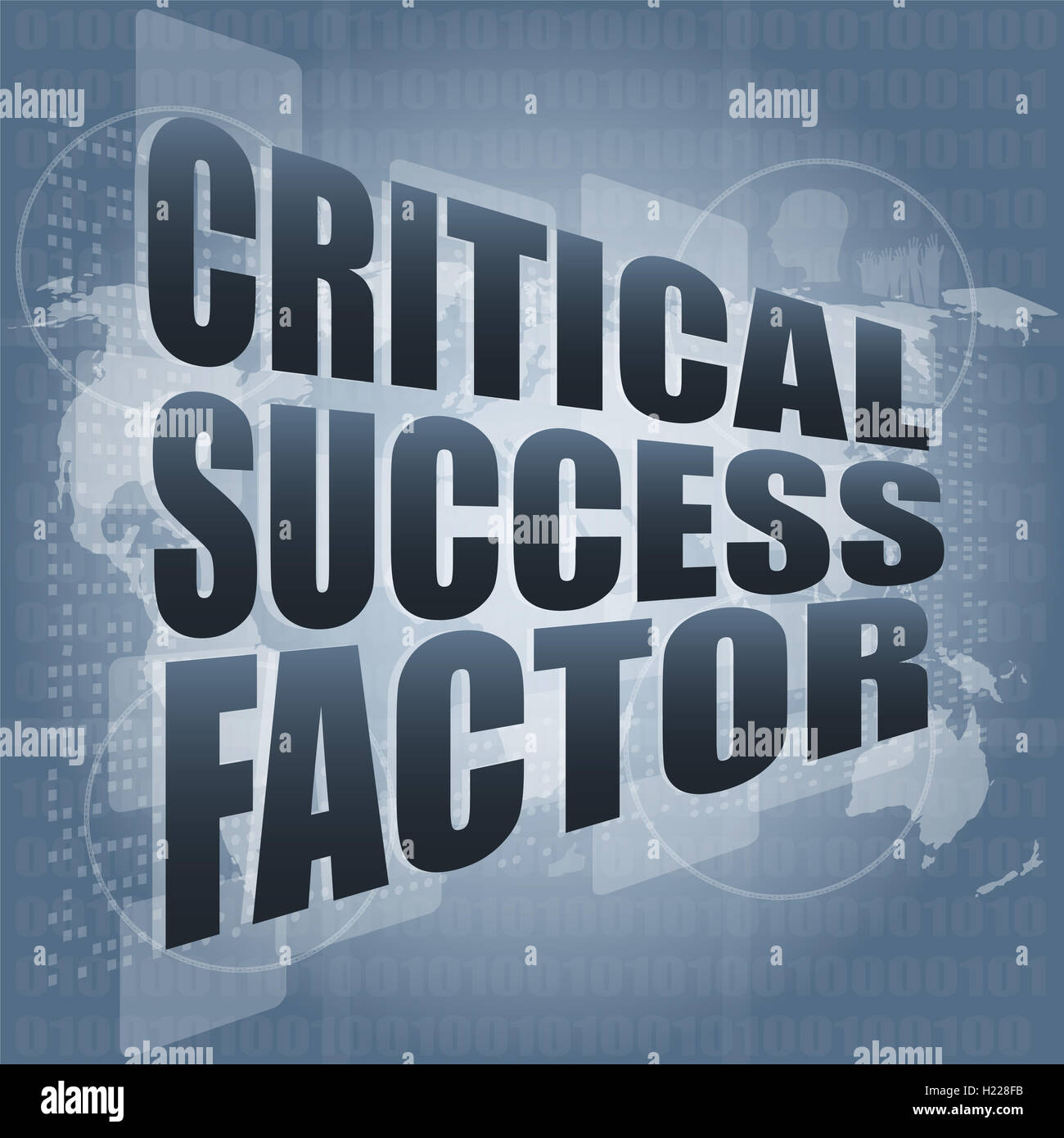 Fattore critico di successo di parole sul display digitale con mappa del mondo Foto Stock