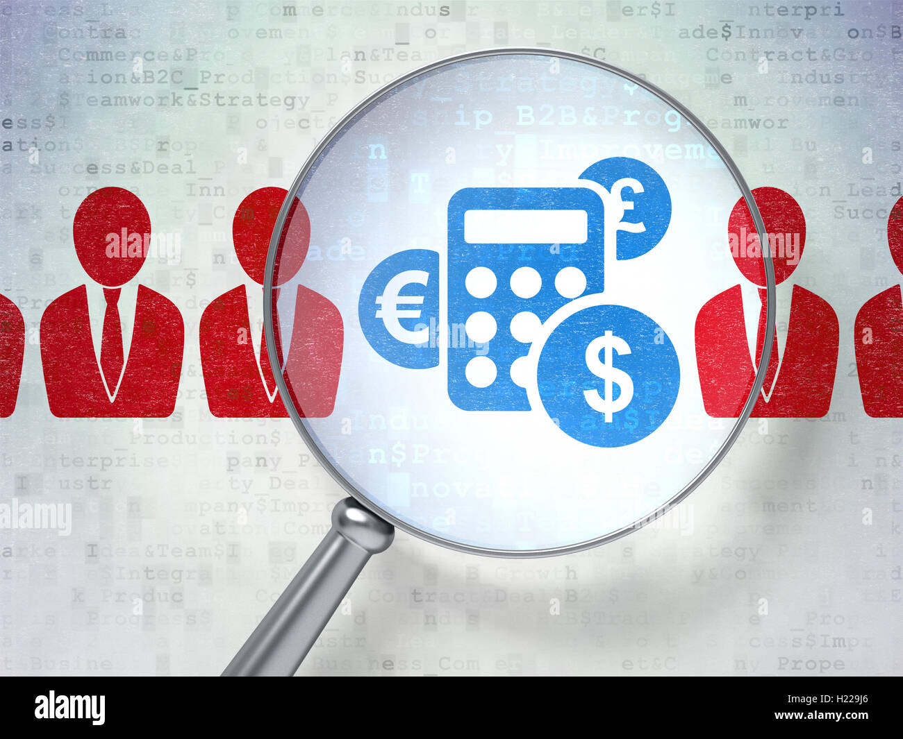 Concetto di finanza: uomo di affari e calcolatrice con vetro ottico su sfondo digitale Foto Stock