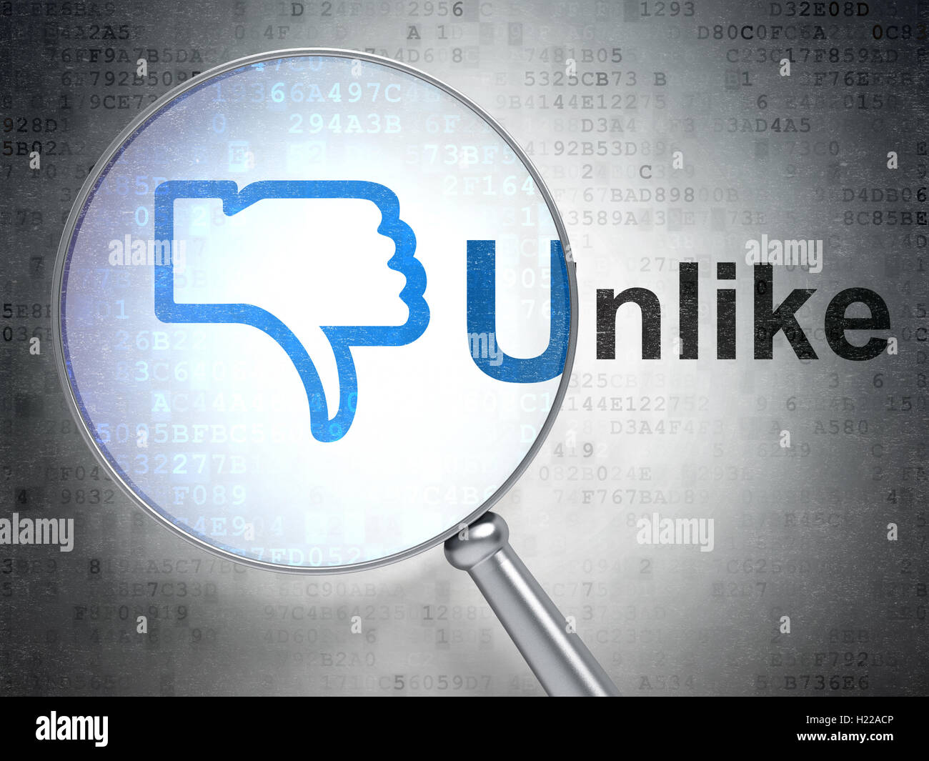 Social media concetto: il pollice verso il basso e a differenza di quanto accade con il vetro ottico Foto Stock