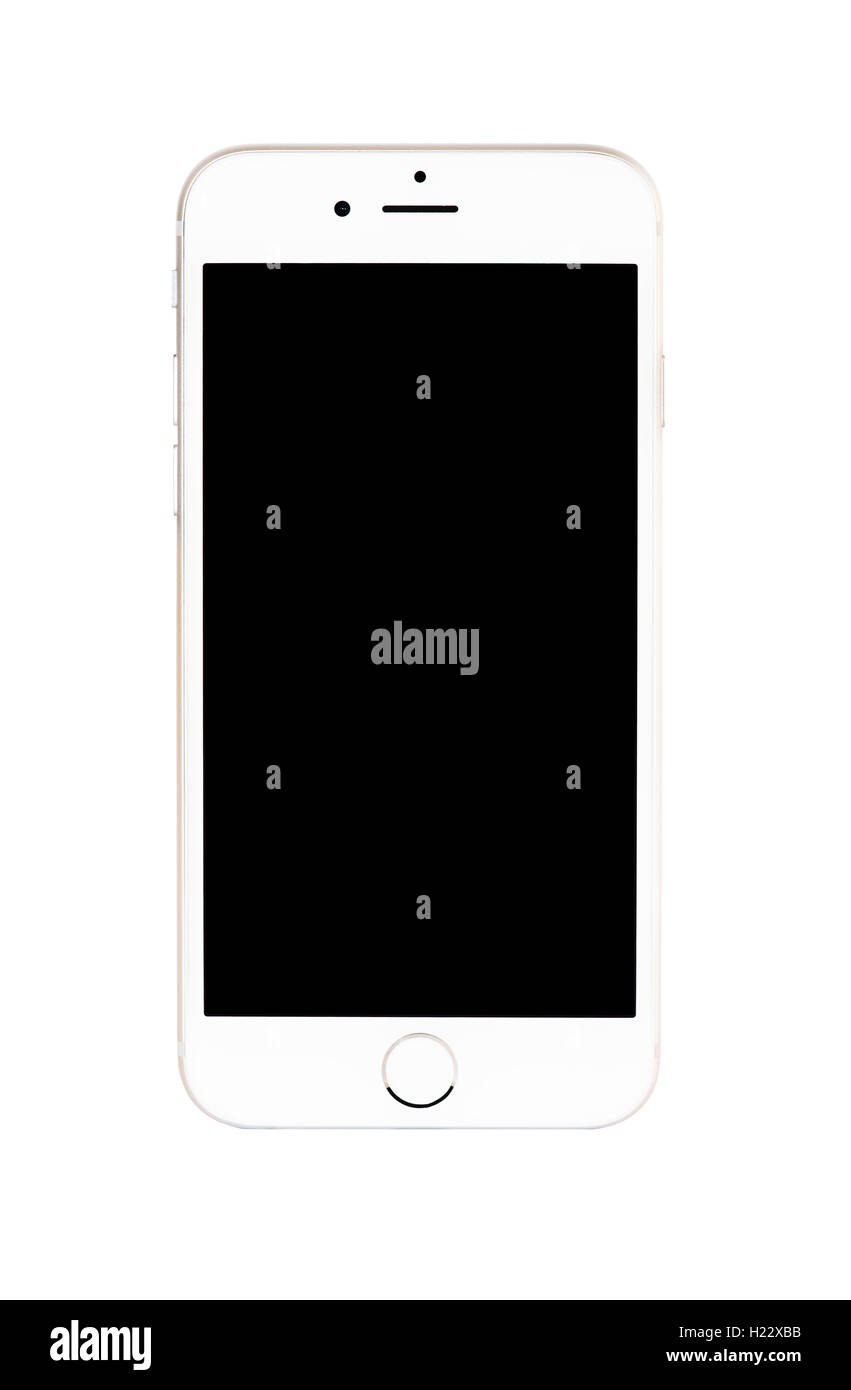 Realistico moderne smart iphon con il colore oro isolato. Foto Stock