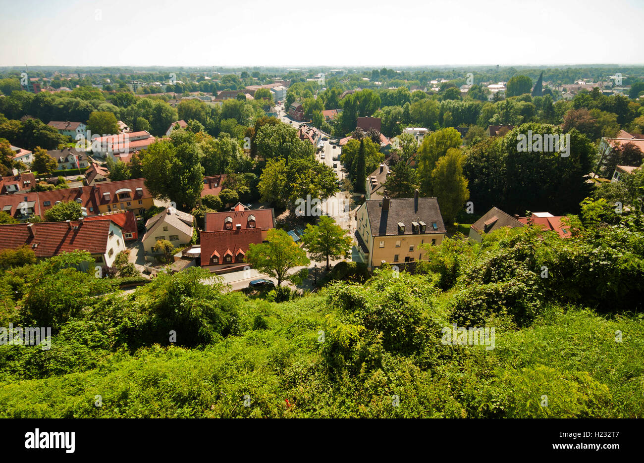 Paesaggio bavarese, vista aerea di case nel verde Foto Stock
