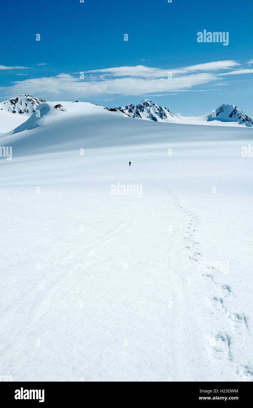 Un snowshoer trekking lungo un ghiacciaio in icefields del St. Elias montagne del Parco Nazionale Kluane, Yukon, Canada. Foto Stock