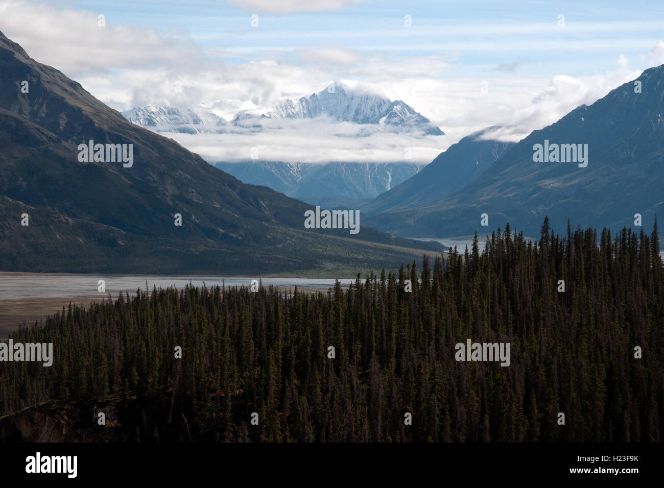 Un picco alle alte gamme e campi di ghiaccio del St. Elias Montagne in testa al snellisce River Valley, Yukon, Canada. Foto Stock