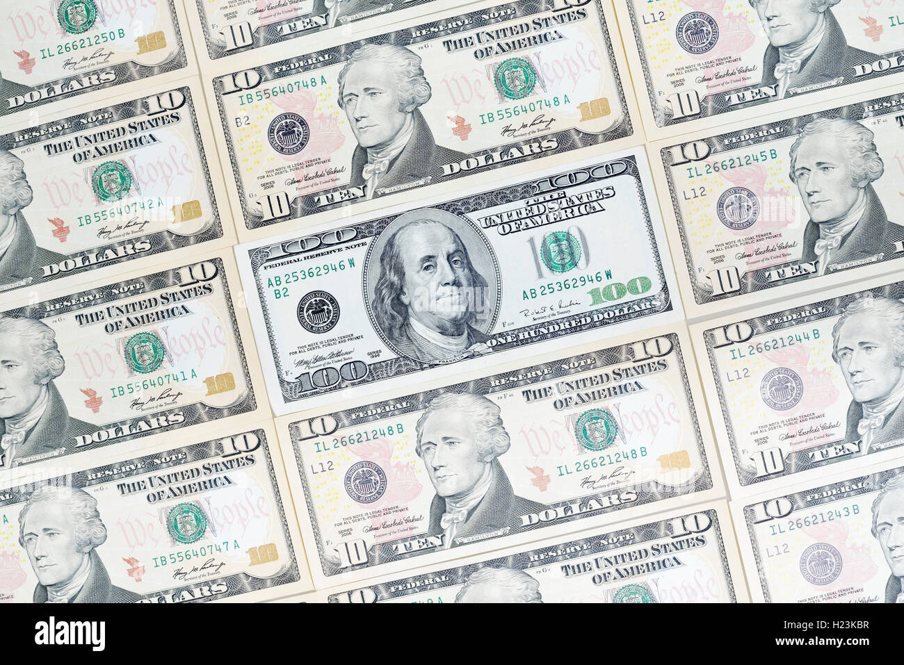 Varie US Dollar Bills, 10, 100 dollari Foto Stock