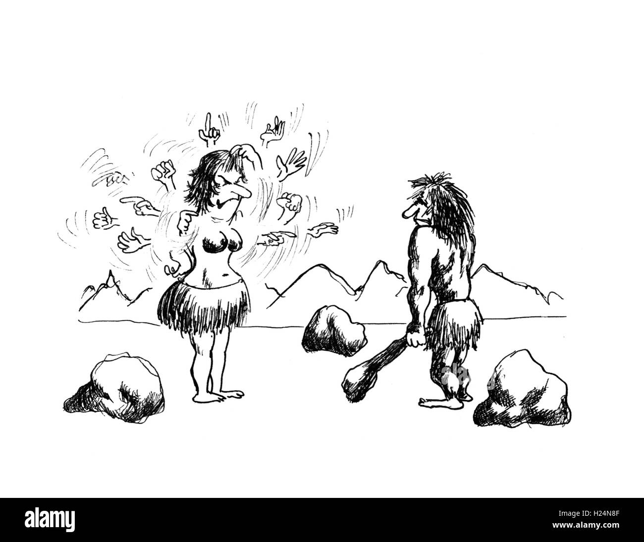 Famiglia gravi conversazione. Mano bozzetto con inchiostro e penna su carta Foto Stock