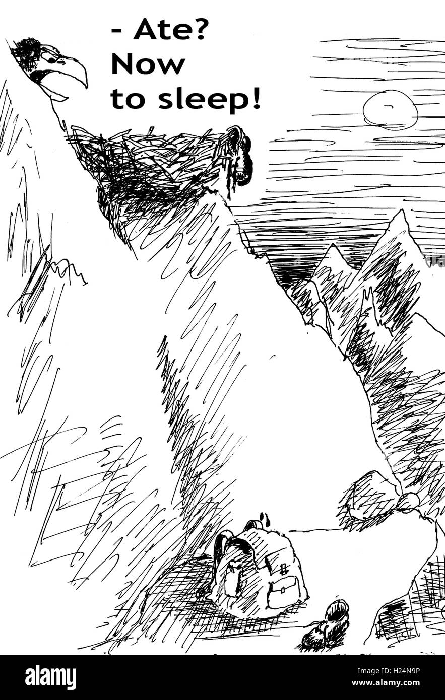 Abbiamo mangiato? Ora di sonno! Mano bozzetto con inchiostro e penna su carta Foto Stock