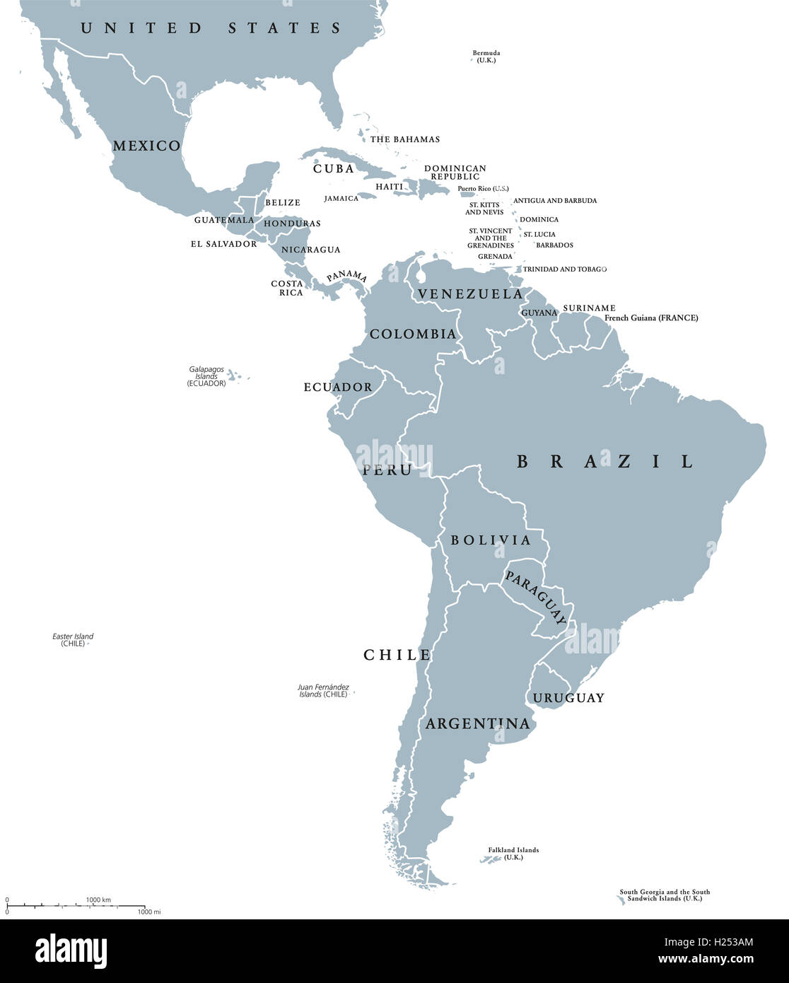 America Latina Paesi mappa politico con i confini nazionali. Foto Stock