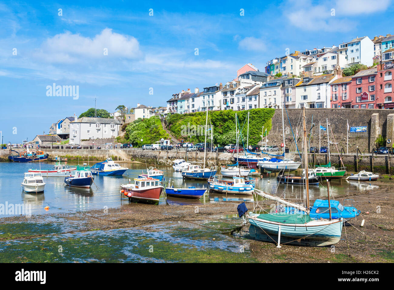 Brixham Devon - Yachts e barche da pesca a Brixham Harbour, Brixham, Devon, Inghilterra, Regno Unito, GB, Europa Foto Stock