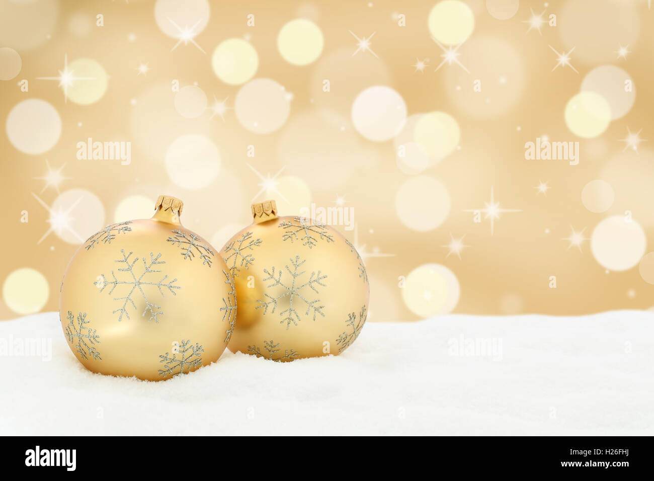 Scheda di Natale palline dorate decorazione di sfondo copyspace spazio copia testo Foto Stock