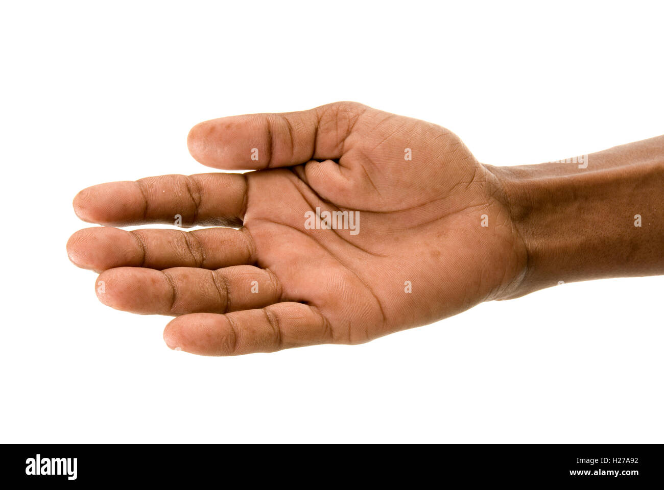 African la mano tesa in segno di amicizia o che potrebbe essere di accattonaggio o per chiedere aiuto. Foto Stock