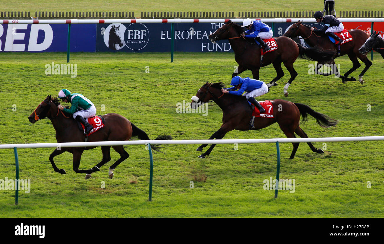 Candela cavalcato da Jimmy Fortune (in basso a sinistra) conduce il campo home per vincere il Betfred Cambridshire gara corsa durante il giorno tre del Cambridgeshire incontro a Newmarket Racecourse. Foto Stock