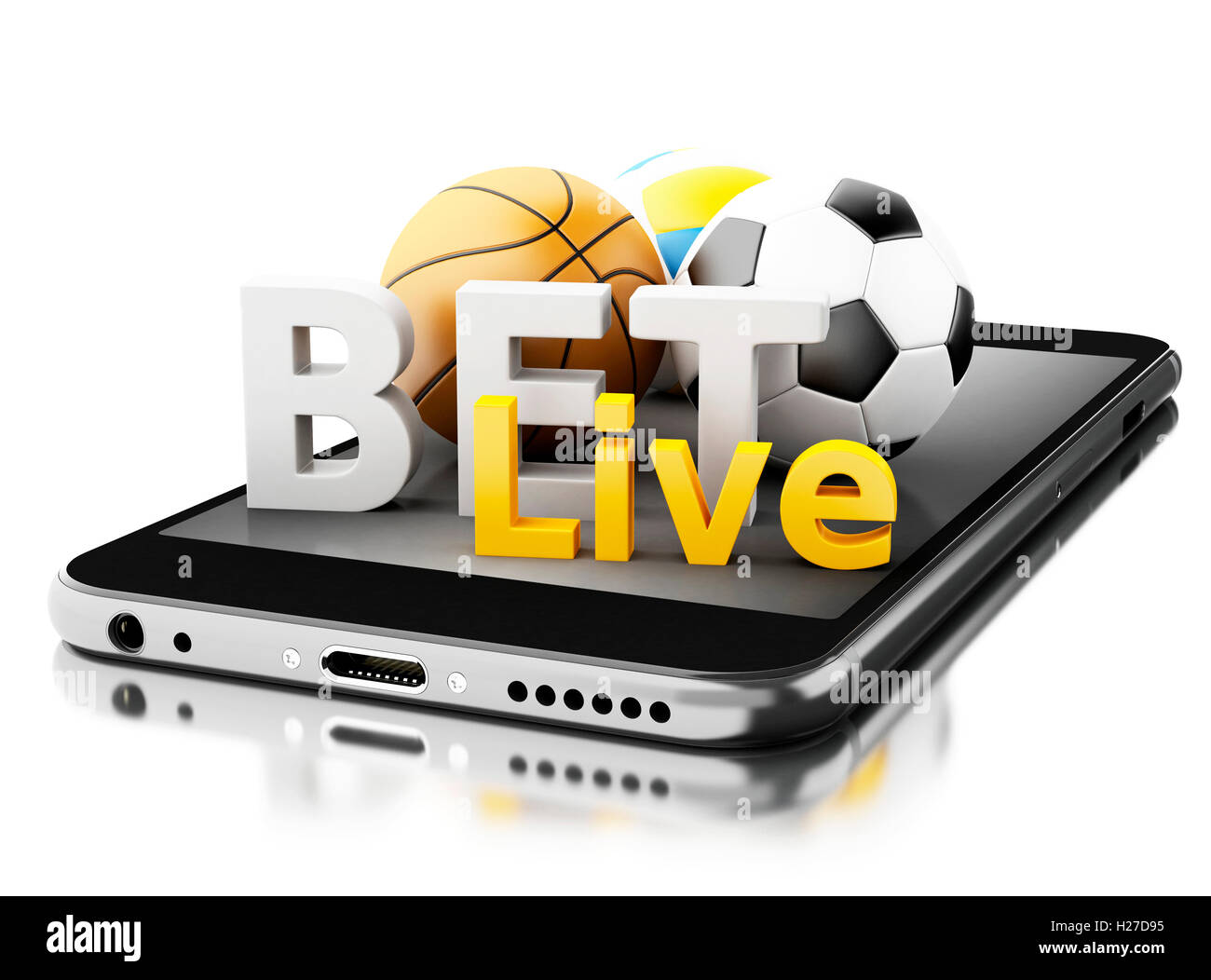 3D renderer immagine. Smartphone con lo sport palle e live bet. Concetto di scommesse. Isolato sullo sfondo bianco. Foto Stock