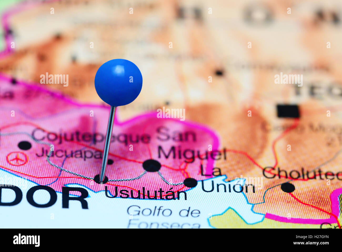 Usulutan imperniata su una mappa di El Salvador Foto Stock