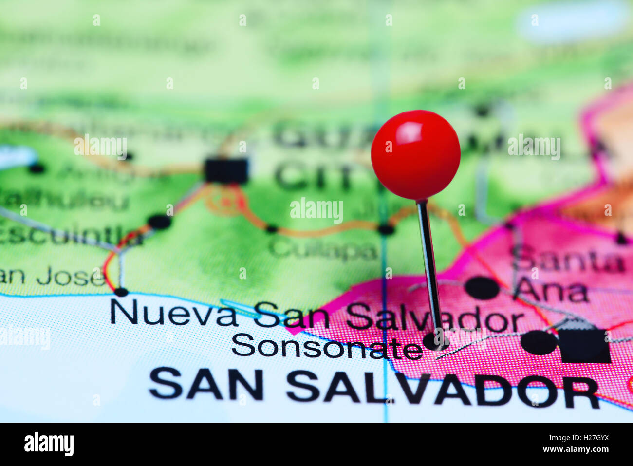Sonsonate imperniata su una mappa di El Salvador Foto Stock