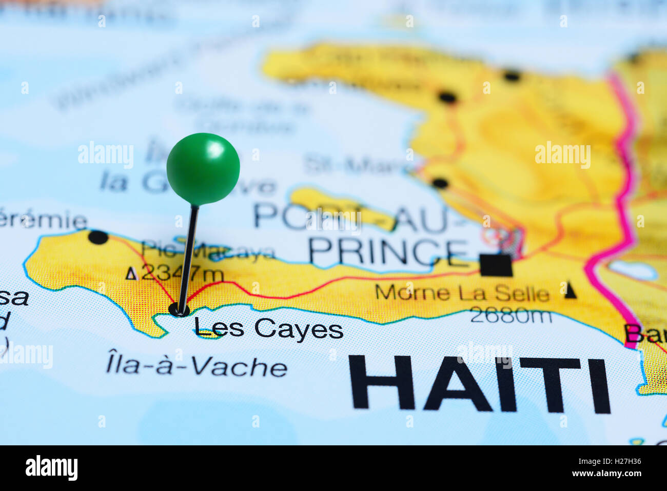 Les Cayes imperniata su una mappa di Haiti Foto Stock