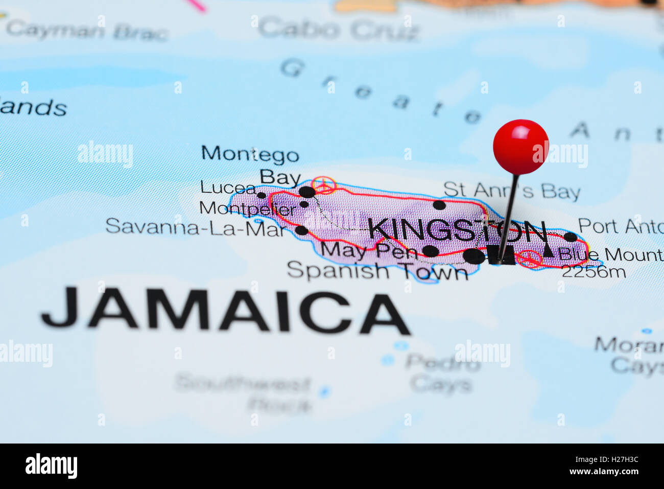 Kingston imperniata su una mappa della Giamaica Foto Stock