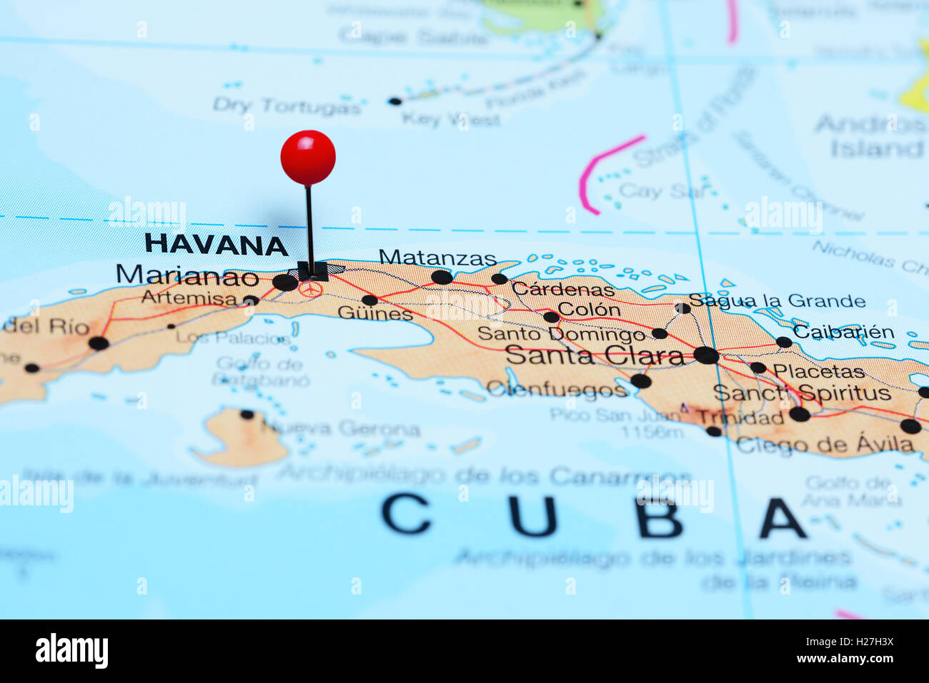 L'Avana imperniata su una mappa di Cuba Foto Stock