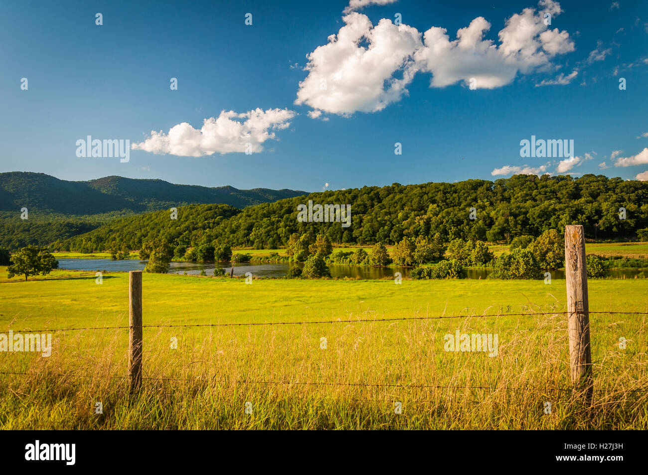 Recinzione e vista del fiume Shenandoah, nel rurale Shenandoah Valley della Virginia. Foto Stock