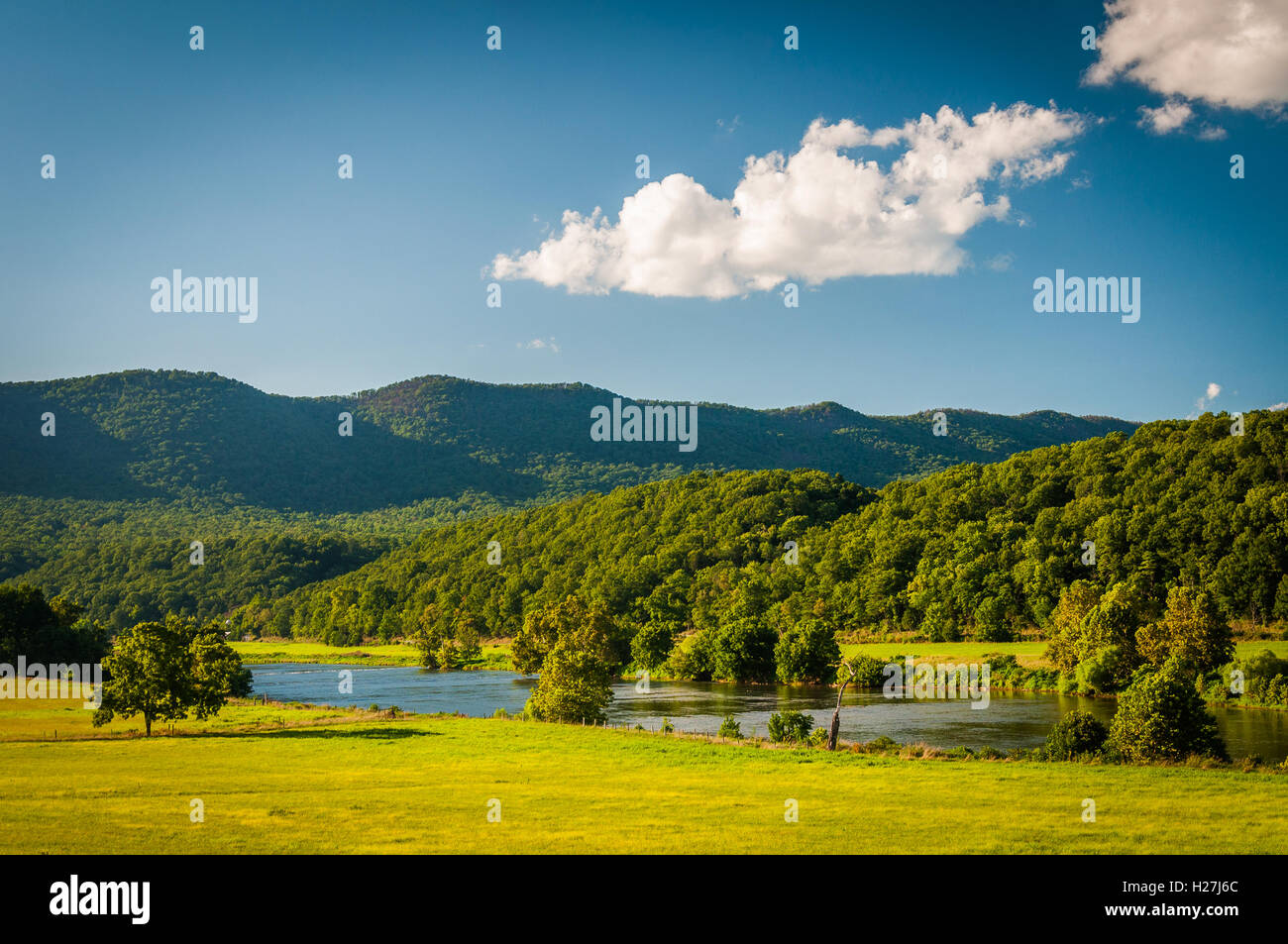 Vista dei campi, il fiume Shenandoah e montagne distanti nel rurale Shenandoah Valley della Virginia. Foto Stock