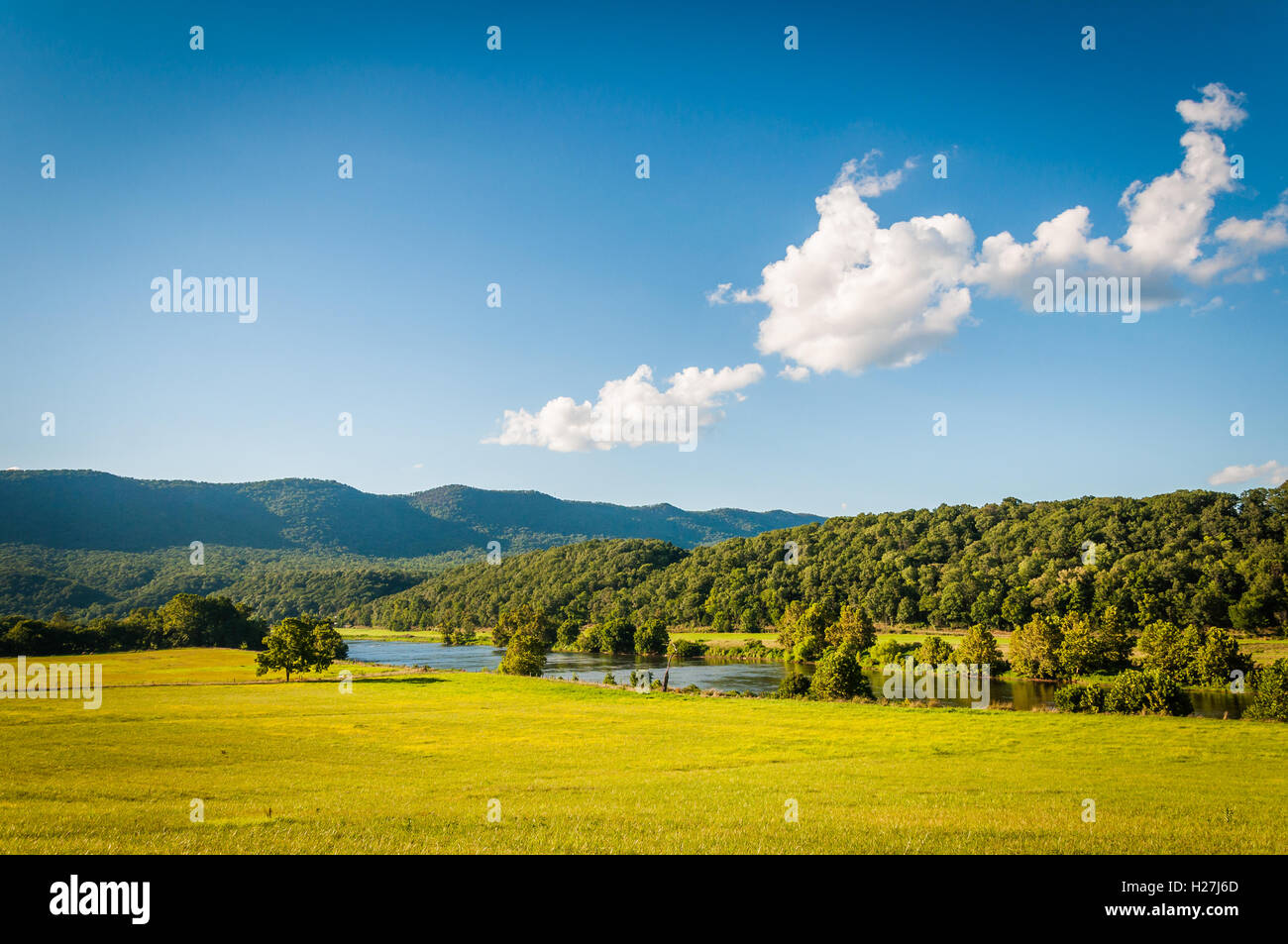 Vista dei campi, il fiume Shenandoah e montagne distanti nel rurale Shenandoah Valley della Virginia. Foto Stock