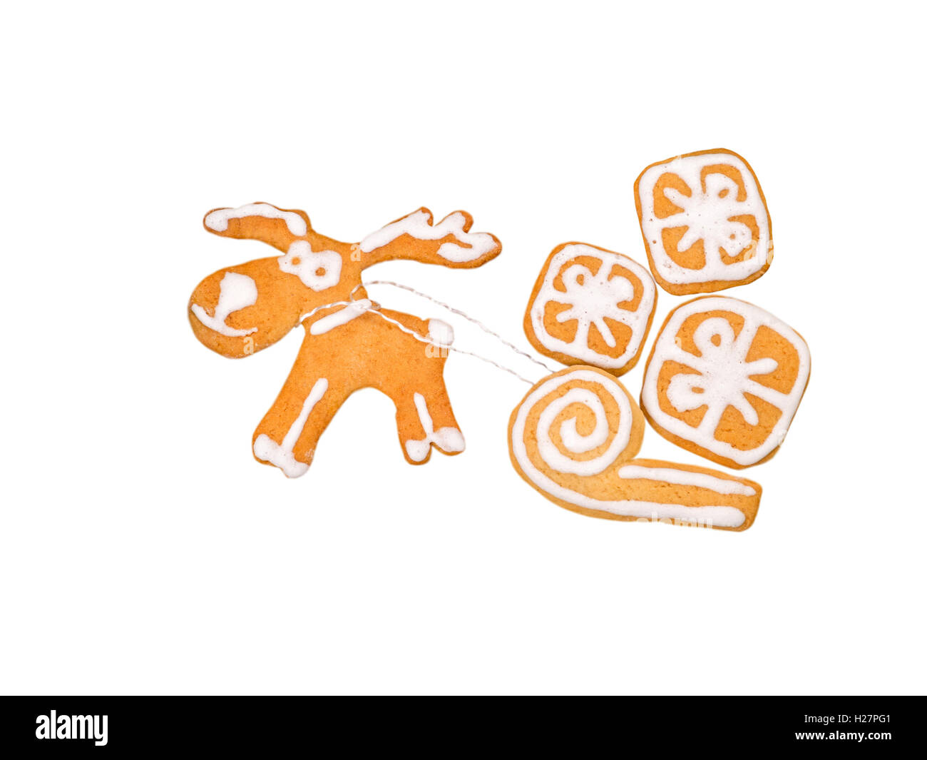 Natale renne e regali sulla slitta cookies isolato su bianco Foto Stock