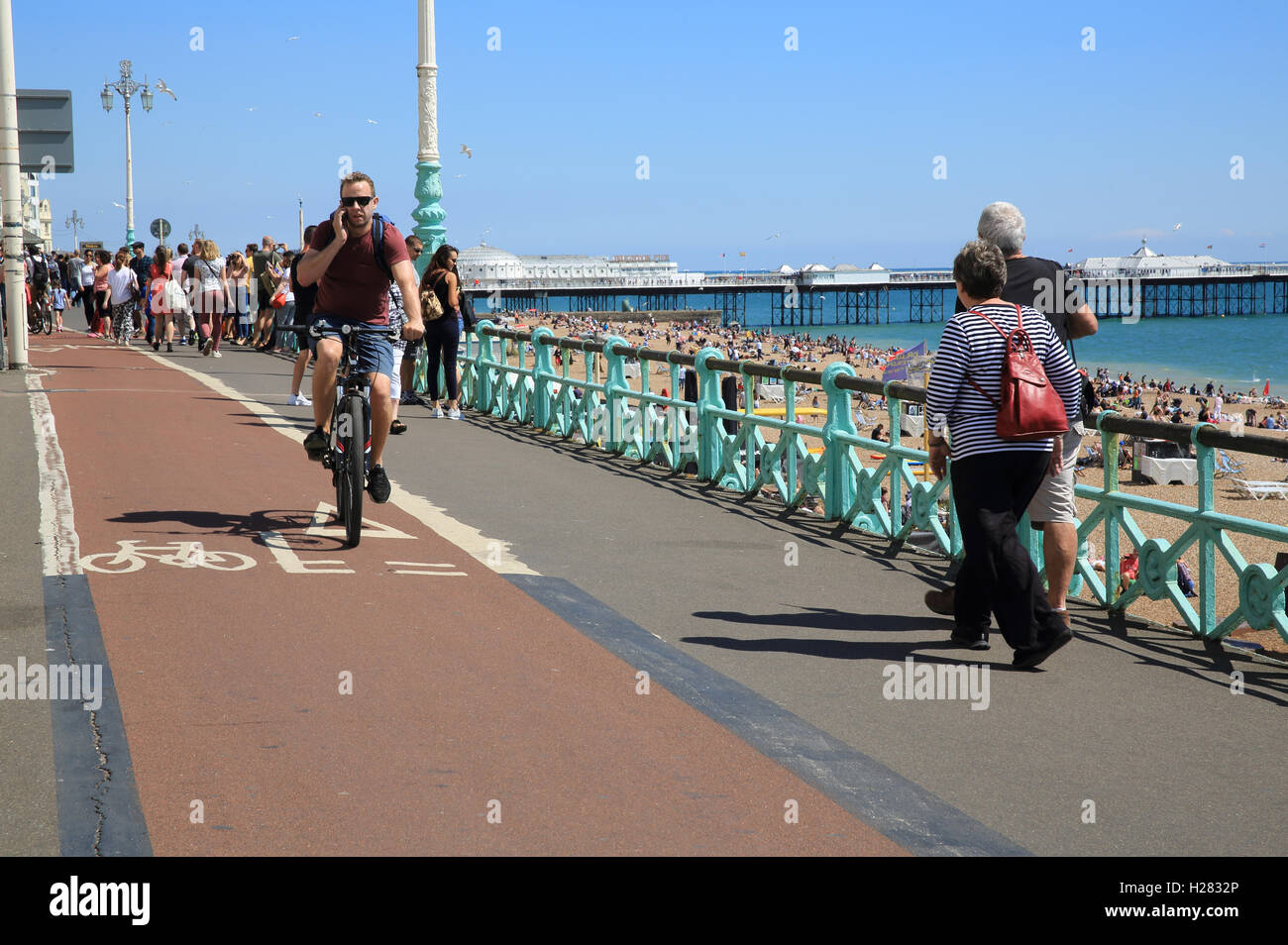 Ciclista sul lungomare di Brighton cycleway, West Sussex, in Inghilterra, Regno Unito Foto Stock