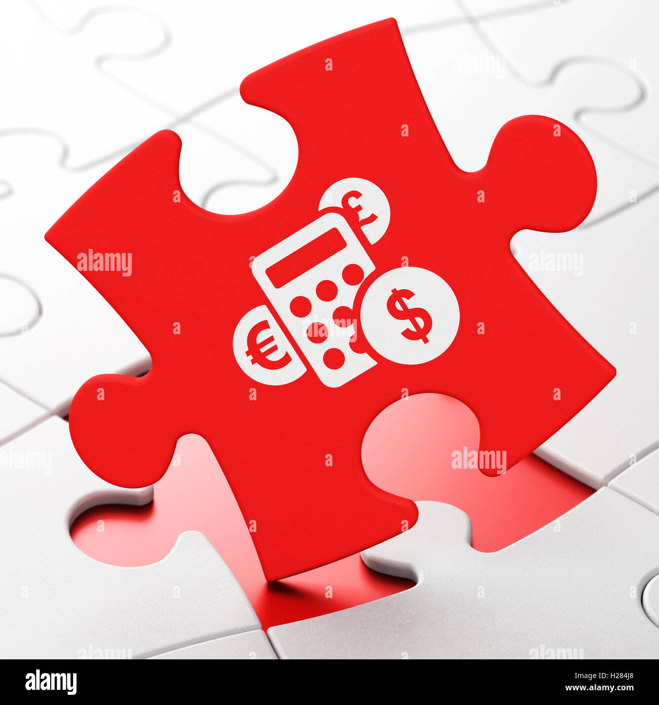 Il concetto di pubblicità: Calcolatrice su Sfondo puzzle Foto Stock