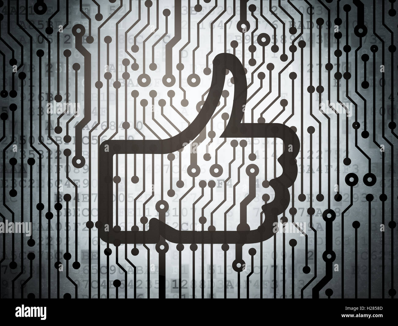 Social media concetto: scheda a circuito stampato con pollice in alto Foto Stock