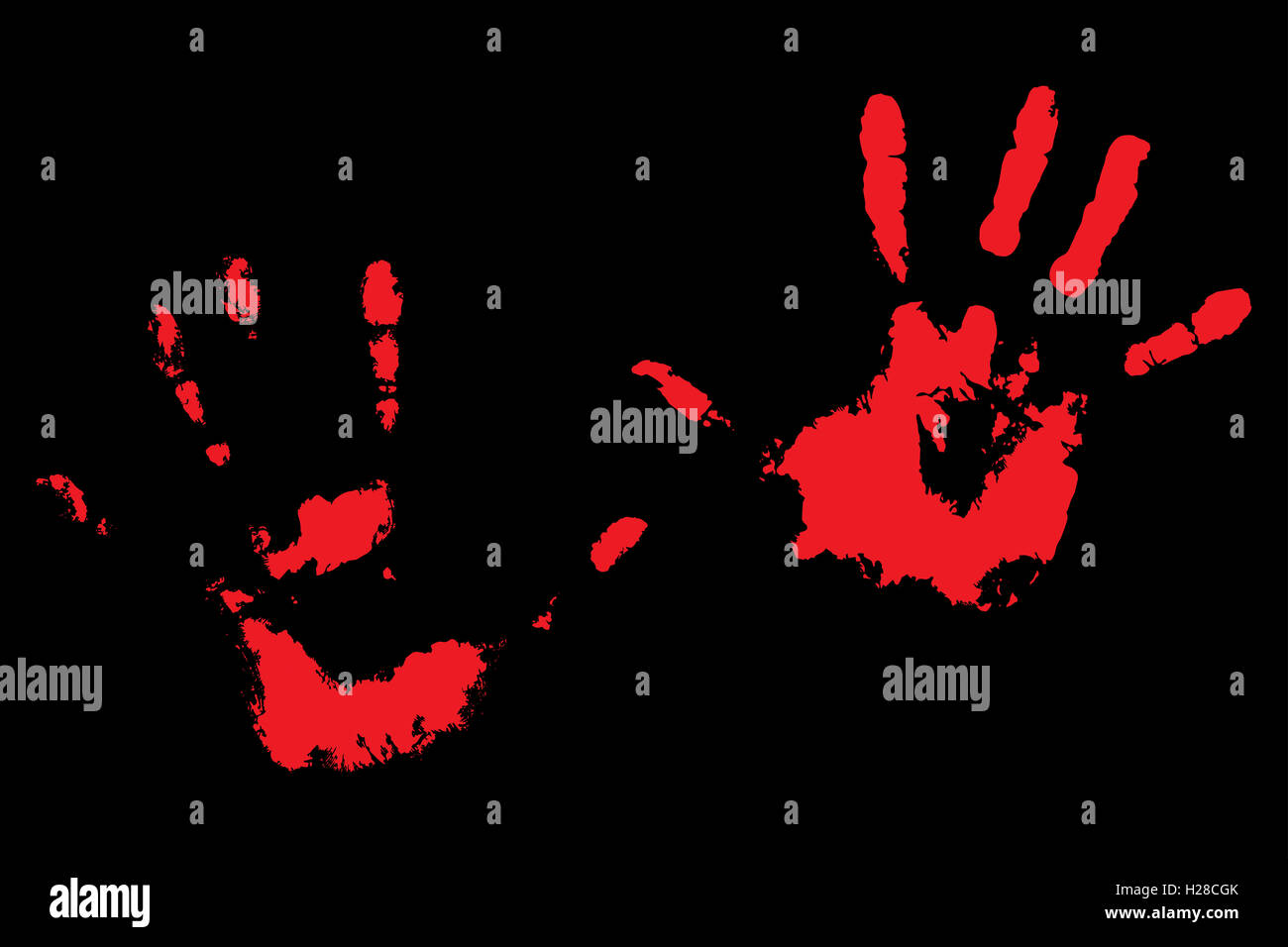 Bloody handprints su nero. Stampa di palma umana. Illustrazione Vettoriale Foto Stock