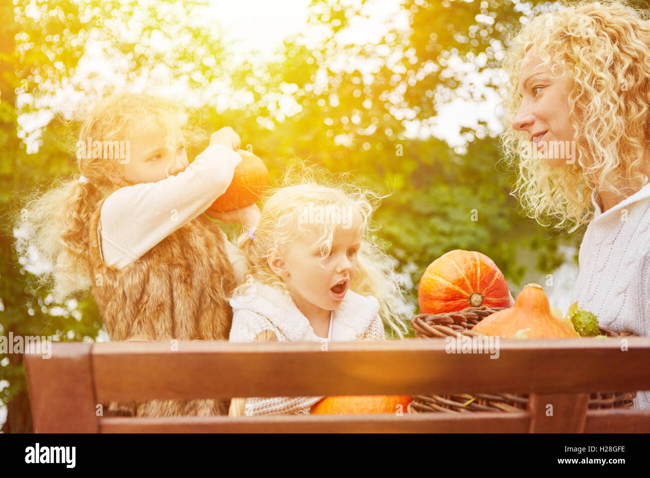 Madre e bambini Raccolta zucche Hokkaido nel giardino in autunno Foto Stock