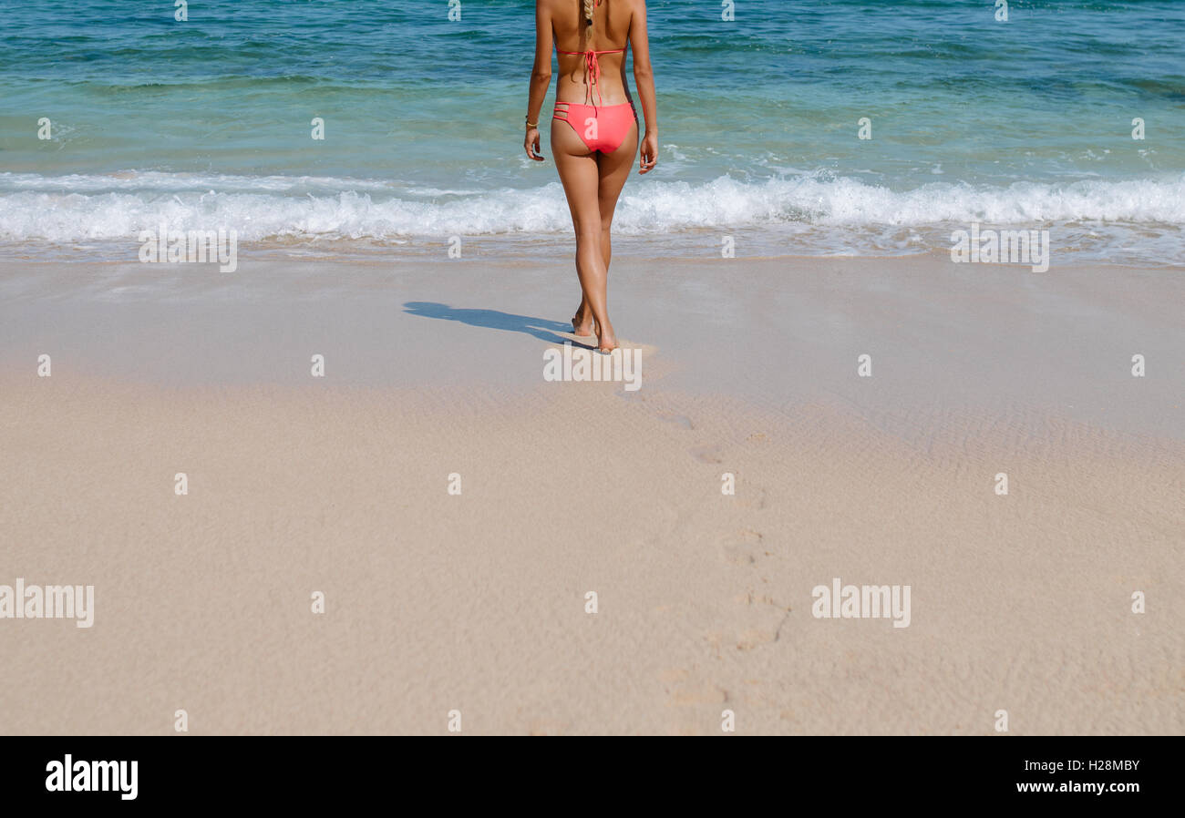 Vista posteriore della giovane donna in bikini a piedi in acqua di mare.  Giovani donne in costume da bagno sulla spiaggia di andare per nuotare.  Ritagliato shot Foto stock - Alamy