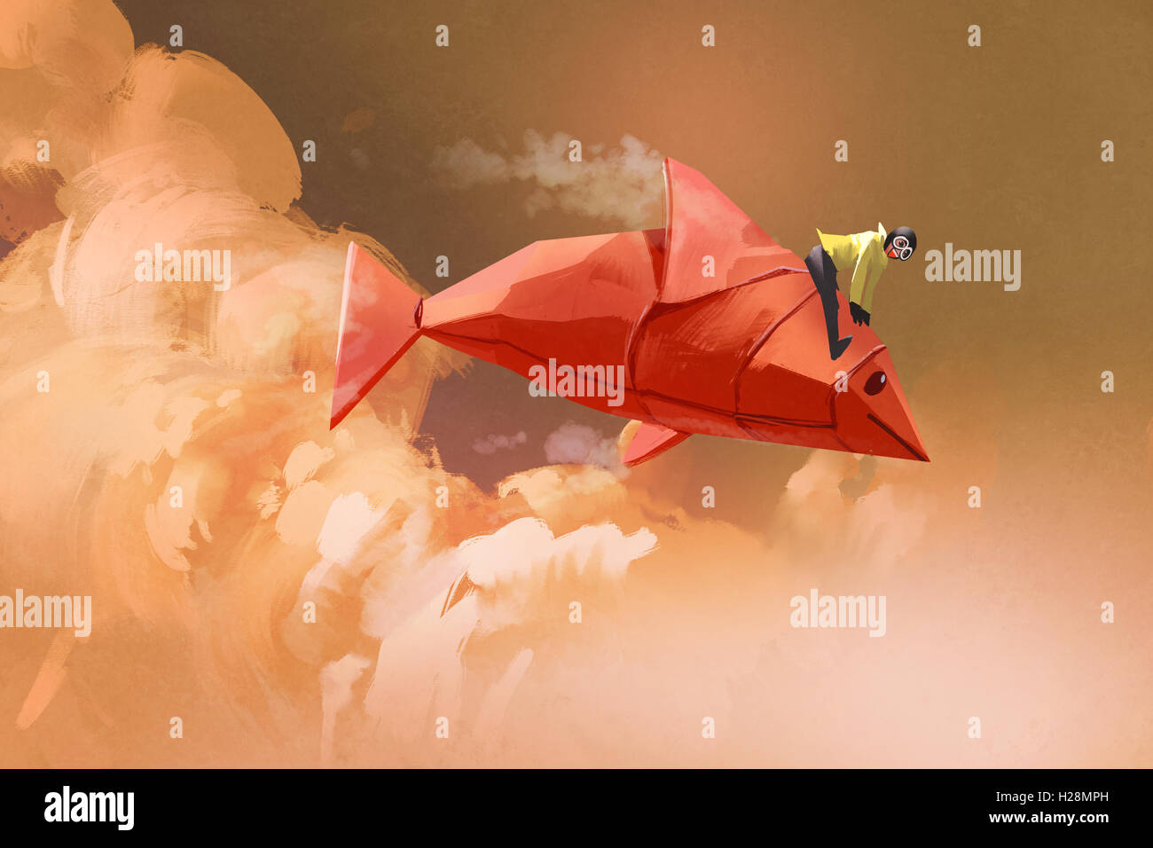 Ragazza a cavallo sulla carta origami pesce rosso nelle nuvole, illustrazione pittura Foto Stock
